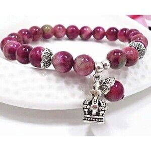 Natural Crystal Crown Pendant Bracelet . Hand Woven. Burgundy / Pink